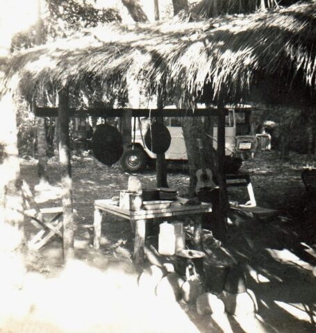 Kitchen at the ranch basecamp affectionately known as the 'campamento,' El Alamo de San Antonio, Nicaragua, c 1972. ©KMC