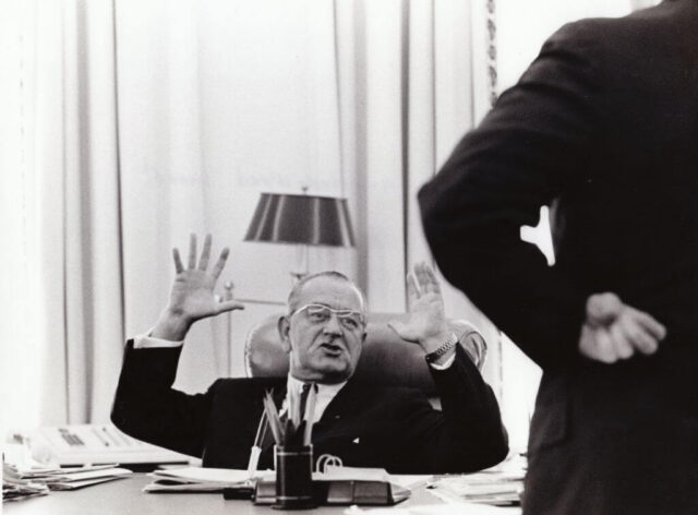 President Johnson gestures angrily while Amb Crockett clenches his fitch behind his back, 31 July 1967. LBJ Library Yoichi Okamoto