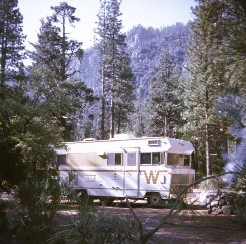 Mary and Kennedy's Winnebago motorhome parked at a campsite after their retirement from the US Foreign Service, 1970. ©KMC
