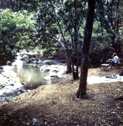 Mary looking on as Judy, James, and Fred play in the creek at the campamento, 1974. ©KMC