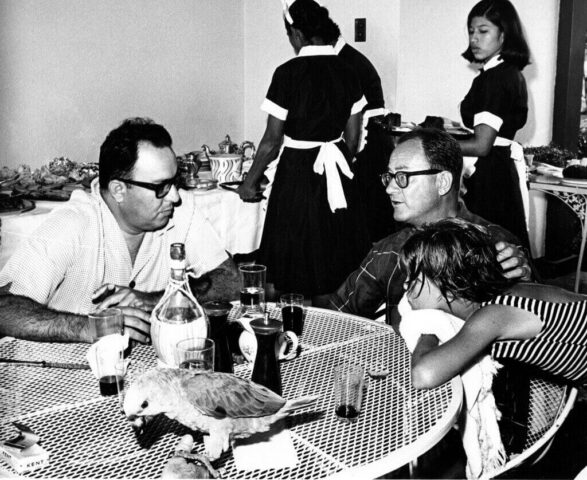 President Somoza, Amb Crockett, Terry, and parrot Pancho at poolside BBQ, Aug 1967. ©KMC