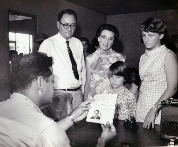The Crocketts (Kennedy, Mary, Terry, and Linda) entering Nicaragua from Costa Rica, Aug 1967. ©KMC