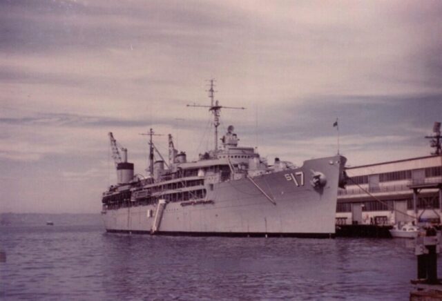 The Navy ship USS Nereus is docked in San Diego, California, 1960. ©KMC