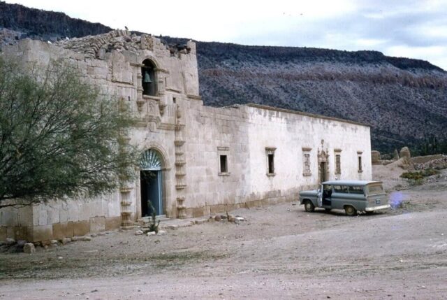 The ancient Misión San Francisco Borja, perhaps Baja California’s most deserted spot in 1961, with the Consulate General’s carryall being the only vehicle out front. ©KMC
