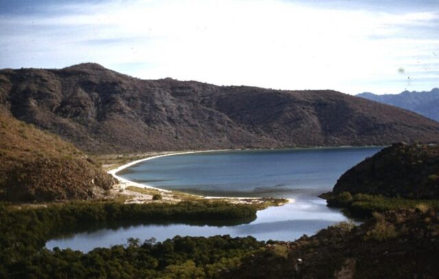 A blue green horseshoe bay surrounded by desert mountains, Bahía Concepción, Baja California Sur, México, 1961. ©KMC