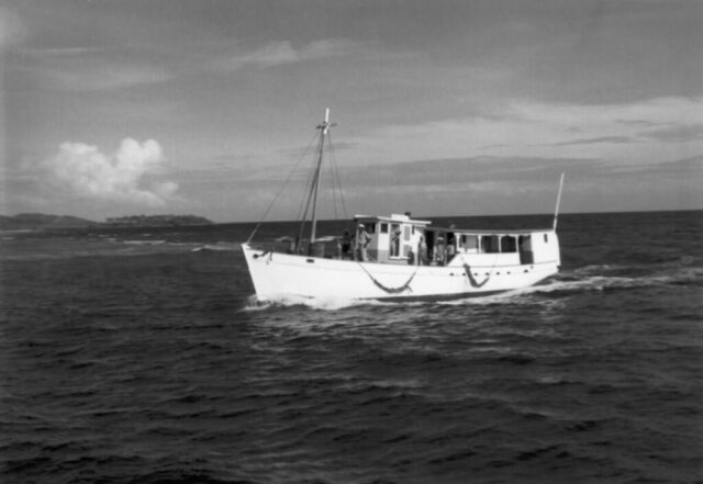 A boat called a goleta is seen in ocean waters off the coast of Honduras, 1947. ©KMC