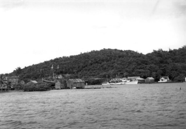 A Caribbean shoreline is seen from the water in the Bay Islands (near Roatán), Honduras, 1947. ©KMC
