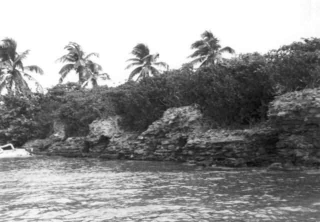 Ruins of an old fortification on St George’s Key are seen from the water in the Bay Islands, Honduras, 1947. ©KMC