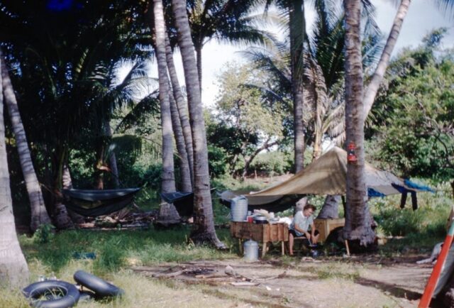 A woman is cooking at a campsite in a coconut grove with jungle hammocks strung between the tree trunks. Guatemala, 1958. ©KMC
