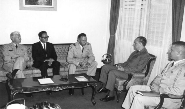 Meeting with President José Joaquín Trejos, 1966. L to R: Col Springer, Embassy Military Advisor; Chargé Crockett; Gen Alger of SOUTHCOM, Panama; President Trejos; aide to Gen Alger. ©KMC