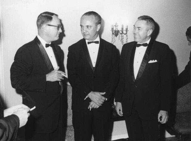 Ceremonial occasion, San José, Costa Rica, 1966. L to R: Chargé Kennedy Crockett; Costa Rican President José Joaquín Trejos; US Agency for International Development Mission Chief Albert E Farwell. ©KMC