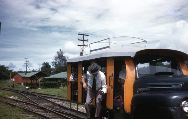 Senator Ellender on United Fruit Company railroad motorcar, Costa Rica, 1958. ©KMC