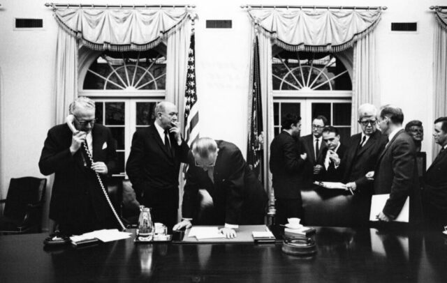 President Johnson facing difficult decisions. 28 April 1965. LBJ Library Okamoto
