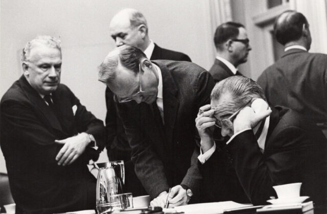 President Johnson facing difficult decisions. 28 April 1965. LBJ Library Okamoto